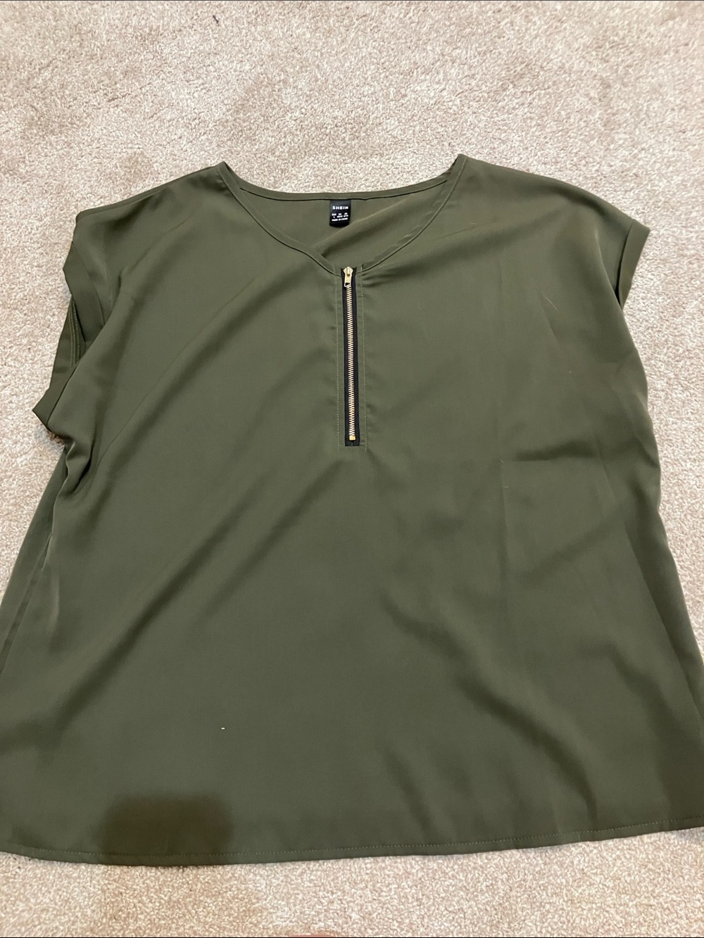 SHEIN Olive Zip-Front Cap Sleeve Top